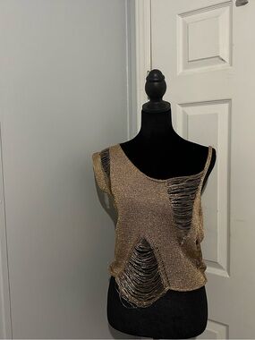 Gold Metallic Distressed Knit Tank Top